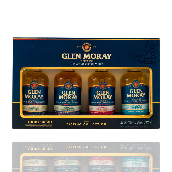 Glen Moray Whisky Tasting Set bestehend aus 4 kleinen Flaschen schottischer Single Malt Whisky mit unterschiedlichen Whiskysorten.