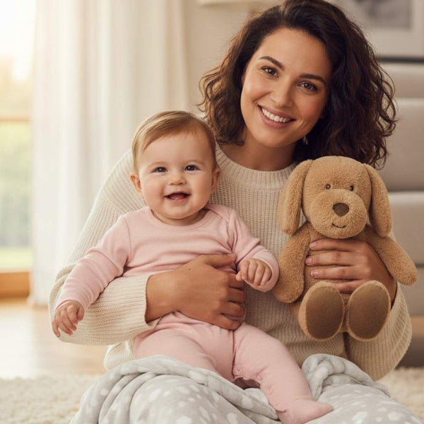 Das Bild zeigt eine lächelnde Frau mit dunklen Locken und ein Baby, das in ihrem Arm sitzt. Beide schauen in die Kamera. Die Frau hat ein helles, cremefarbenes Oberteil an und hält mit ihrer linken Hand ein braunes Stofftier in Form eines Hundes. Das Baby trägt einen rosafarbenen Strampler und lacht fröhlich. Über den Beinen der Frau liegt eine hellgraue Decke mit weißen Wolken. Der Hintergrund ist ein Wohnzimmer mit einem hellen Teppich.