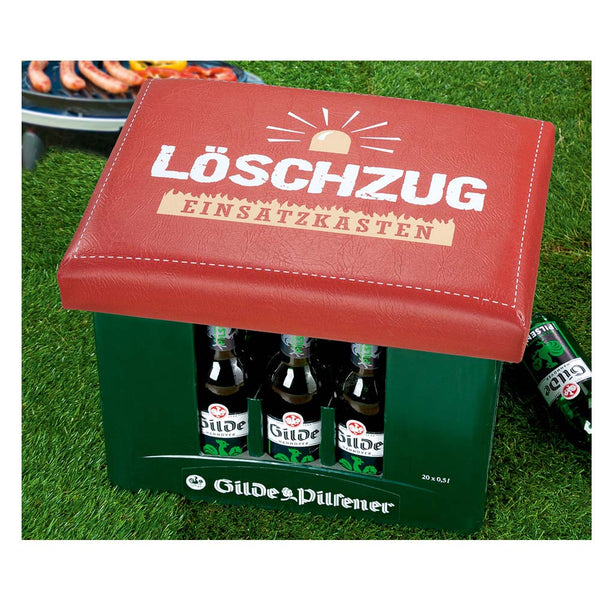 Dieser Bierkastensitz mit der Aufschrift Löschzug wird gerne als geschenk für einen Feuerwehrmann oder Feuerwehrfrau bestellt.