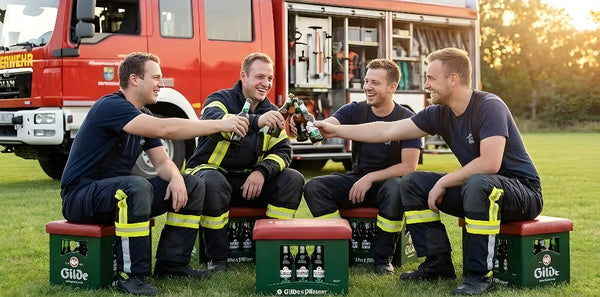 Feuerwehrleute mit Bierkastensitz Löschzug als Geschenk vor Einsatzwagen beim Anstoßen.