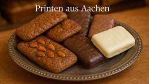 „Verschiedene traditionelle Printen aus Aachen – klassische, mit Nüssen sowie mit dunkler, Vollmilch- und weißer Schokolade überzogene Varianten – auf einer rustikalen Platte, ideal zum Genießen oder Verschenken. Jetzt Printen aus Aachen kaufen.