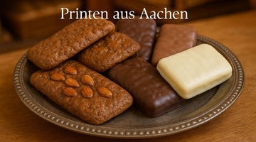 „Verschiedene traditionelle Printen aus Aachen – klassische, mit Nüssen sowie mit dunkler, Vollmilch- und weißer Schokolade überzogene Varianten – auf einer rustikalen Platte, ideal zum Genießen oder Verschenken. Jetzt Printen aus Aachen kaufen.