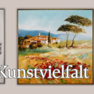 Acrylgemälde Vernisage mit Porträts und Landschaften auf der Leinwand mit Holzrahmen.