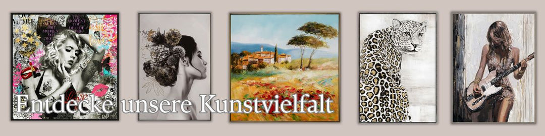 Acrylgemälde Vernisage mit Porträts und Landschaften auf der Leinwand mit Holzrahmen.