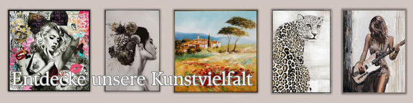 Acrylgemälde Vernisage mit Porträts und Landschaften auf der Leinwand mit Holzrahmen.