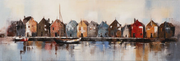 Modernes Landschaft Gemälde mit skandinavischen Häusern an einer Fjordlandschaft