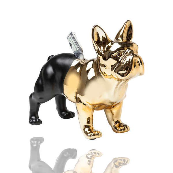 Dieser prächtige Frenchie oder französische Bulldogge ist eine schwarz-goldene Spardoose. Die muskullöse kleide Bulldogge passt schön auf Dein erspartes Geld auf. Er ist aber auch ein wunderschönes Designelement für Deine Wohnung.