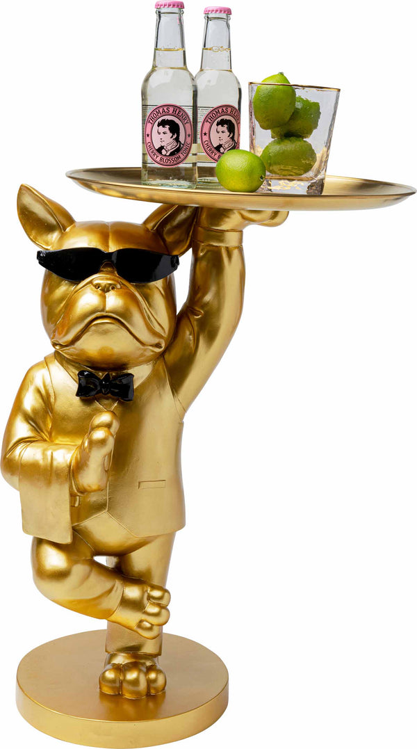Die goldfarbene Bulldogge mit Fliege und Sonnenbrille ist ein stummer Buttler auf dem man z.B. gut auch Getränke präsentieren kann.