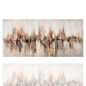 Das Acrylgemälde abstrakte Skyline von ImageLand passt mit den Erdtönen und den farben rose und gold gut in hochwertige Wohnzimmer.