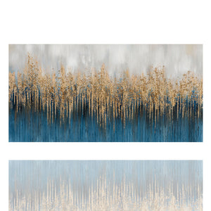 Abstraktes Gemälde eines Weizenfeldes im Abendlicht. Die Hauptfarben sind Blau und Gold