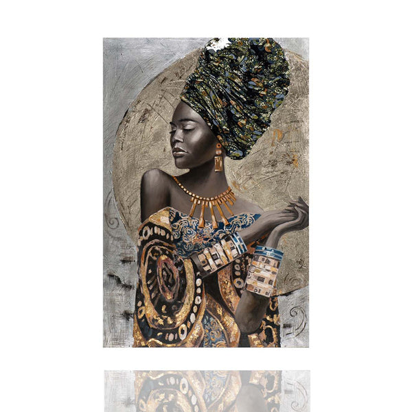 Das Gemälde zeigt eine afrikanische Schönheit mit einem großen Turban. Der Turban ist aus Stoff gearbeitet. Das Gemälde wurde mit silberner und goldener Metallfolie veredelt