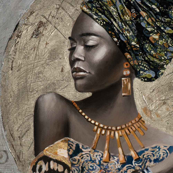 Die afrikanische Schönheit scheint ein wenig vom Acrylgemälde zu Lächeln. Sie trägt einen übergroßen Turban und Goldschmuck.