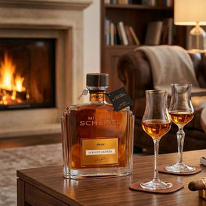 Auf einem Wohnzimmertisch steht eine formschöne Flasche Apricot Brandy von Scheibel. daneben stehen zwei Schnapsgläser mit hohem Stiel die mit dem Brandy gefüllt sind.