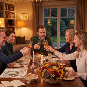 An einem gedeckten Tisch stößt eine Familie mit Gläsern und dem Scheibel Apricot Brandy an. Die Umgebung ist ein Wohnzimmer mit gemütlicher Beleuchtung. Die Familie lacht.