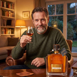 Ein Mann trinkt genüsslich den Apricot Brandy von Scheibel aus einem hohen Glas mit Stiel. Die Umgebung ist in einem Wohnzimmer.
