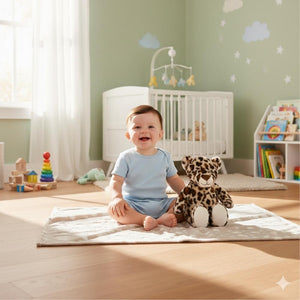 Ein Baby sitzt neben dem Kuscheltier, einem Leoparden. Beide sitzen in einem Kinderzimmer auf einer weichen Fleecedecke mit Wolken