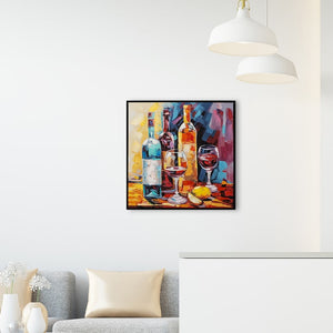 An einer weißen Wand wirkt das farbenfrohe Acryl gemälde mit den Weinflaschen und Weingläsern sehr gut.
