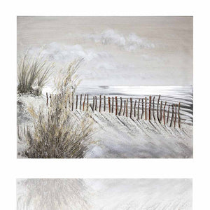 Auf dem Gemälde einer deutschen Küstenlandschaft ist Strand, Dünengras, ein Zaun und das Meer zu sehen. Das Gemälde besteht aus Holz, Aluminium und Farbe. Hiedurch entsteht eine 3D Optik und das Bild wirkt sehr realistisch.