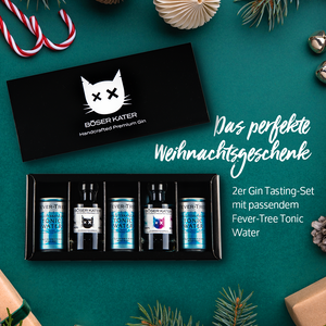Böser Kater Gin Tasting Set in schwarzer Verpackung. Zwei Sorten Gin und 3 x Tonic Water enthalten. Das perfekte Geschenk nicht nur zu Weihnachten.
