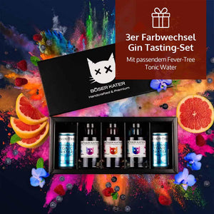 Böser Kater handcrafted & Premium Gin Set mit Farbwechsel und Tonic Water.