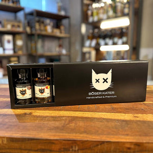 Likör Tasting Set Böser Kater. Schwarze Geschenkbox mit 5 Likören Inhalt die exklusiv für BRIDEMAKER zusammengestellt wurden.