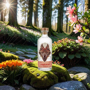 Eine Flasche Gin mit einem großen Wolfskopf steht in einem Wald. Der Gin ist mit brombeeren und Himbeeren und kommt von aus Schottland von Brewdog.