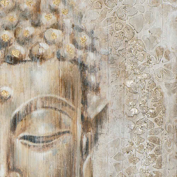 Detailansicht des Acrylgemälde Buddha von ImageLand. Das wunderschöne Gemälde zeigt einen Buddhakopf der mit einer goldfarbenen Folie veredelt wurde.