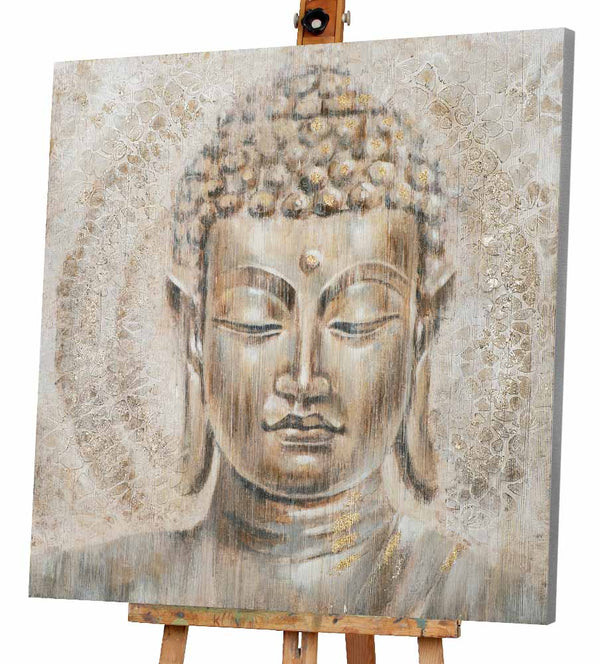 Ein Gemälde welches einen Buddhakopf zeigt. das Gemälde wurde mit einer Goldfolie veredelt. Die Farben passen sehr harmonisch zueinander und verleihen dem Gemälde eine ruhige Ausstrahlung.