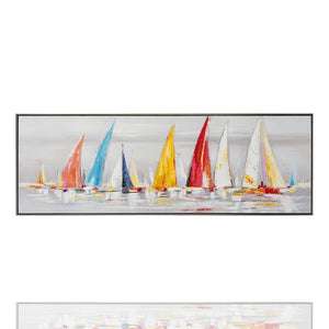 Ein abstraktes, handgemaltes Acrylgemälde im Querformat, das eine bunte Segelregatta auf einem ruhigen grauen Gewässer darstellt, mit leuchtenden Segeln in Rot, Gelb und Blau und abstrakten Wasserspiegelungen, eingefasst in einen schmalen silbernen Rahmen.