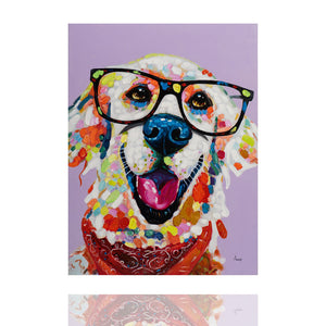 Bunter golden Retriever mit Brille der lustig schaut. Dieses Acrylgemälde ist ein echter Hingucker.