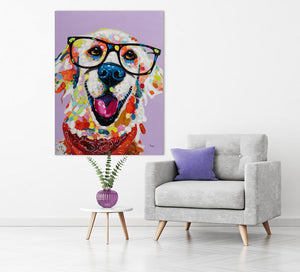 Dieses frabenfrohe Acrylgemälde zeigt einen golden Retriever mit Brille.. Schauen sie wie viel Frabe so ein fröhliches Acrylgemälde in ihre Räume bringen kann.