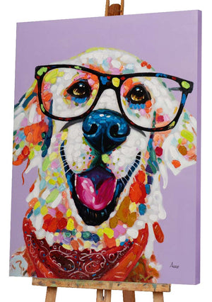 Lustiger Hund, Golden Retriever mit Brille, Acrylgemälde  90 x  120 cm,  Imageland