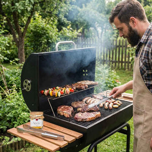 An einem Grill im grünen Garten steht ein bärtiger Mann. er hat unterschiedliche Fleischsorten auf dem Grill. neben ihm steht ein Glas mit der Aufschrift Cafe de Paris, Gewürzmischung von Gourmet Berner.