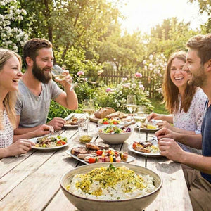 An einem Tisch im garten sitzen zwei junge Paare. Sie essen und trinken miteinander. Im Vordergrund steht eine große Schüssel mit einem Kräuterdip. Er besteht aus der Gewürzmischung cafe de Paris von Gourmet Berner und Frischkäse.