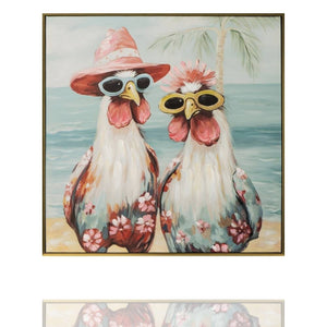 Acrylgemälde chicks in the Caribbean zeigt zwei Hühner in Hawaiihemden am karibischen Strand
