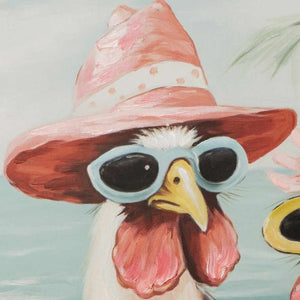 Das Huhn trägt eine auffallende Sonnenbrille und einen Sonnenhut. Das Gemälde heisst Chicks in the caribbean.