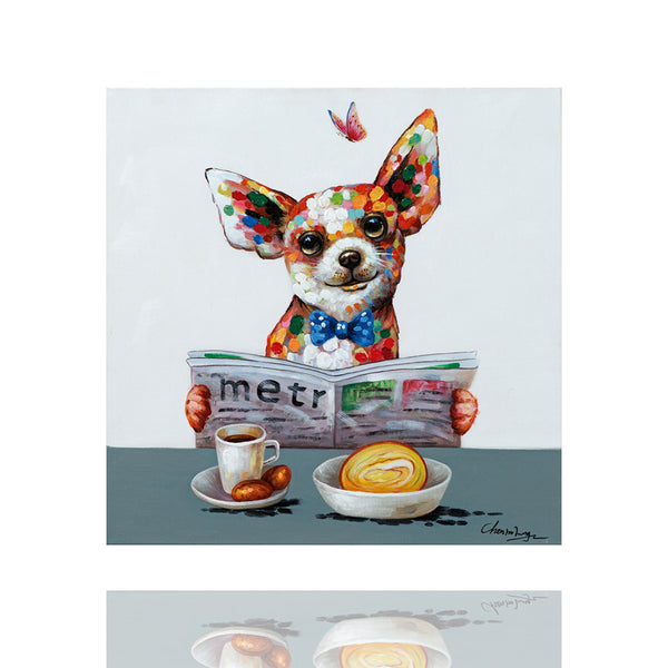 Bestelle jetzt das Acrylgemälde 'Chihuahua Hund frühstückt' von ImageLand und bringe ein Stück Freude und Farbe in dein Zuhause!