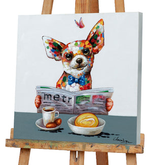 Chihuahua Hund frühstückt, Acrylgemälde  60 x 60 cm, Imageland