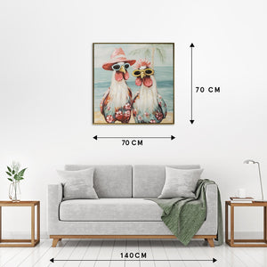 An der Wand stehen die Maße vom Acrylgemälde mit Rahmen. Chicks at the beach.