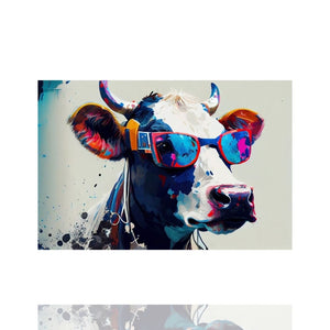Eine coole Kuh in bunten Farben und einer Sonnenbrille schaut von einem Bild, Canvas Print.
