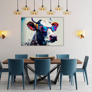 In einem Esszimmer mit türkisen Stühlen hängt an der weißen Wand ein Canvas Print. Man sieht eine coole Kuh mit Sonnenbrille die im Popart Style gemalt wurde.