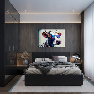In einem modernen Schlafzimmer hängt an der Wand ein Canva von einer bunten Kuh im Pop Art Style. Die farbenfrohe Kuh trägt eine Sonnenbrille. Das Bild ist sehr modern und bringt frische Farben an die Wand.