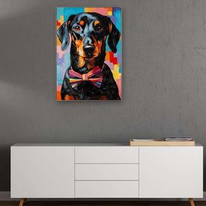 Dackel Bodo hängt in einem bunten Gemälde an einer Wand. Der Teckel trägt eine bunte Fliege.