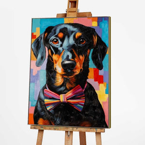 Auf einer Staffelei steht ein Acrylgemälde von einem Dackel mit dem Namen Bodo oder Waldi!