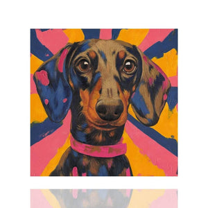 Das farbenfrohe Gemälde im 70ger Jahre Retrostyle zeigt einen Dackel, Tekkel, Dachshund mit seinem treuen Blick.