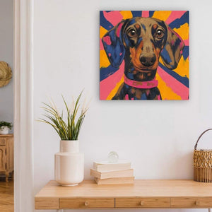 An einer weißen Wand hängt ein farbenfrohes Gemälde aus dem ein Dackel mit seinem Dackelblick abgebildet ist. Das Acrylgemäöde hat vorwiegend die Farben pink, orange, blau und braun.