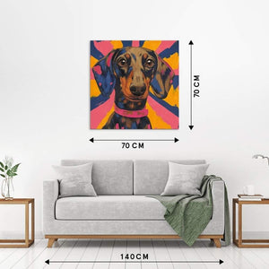 Das Acrylgemälde Dackel von ImageLand hängt an einer weißen Wand und die Maße stehen daneben