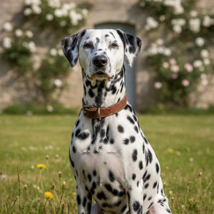 Schwarz weißer Dalmatiner Rüde der aufmerksam in die Kamera schaut. Der Hund sitzt mit einem Lederhalsband auf einer grünen Wiese. Es scheint die Sonne.