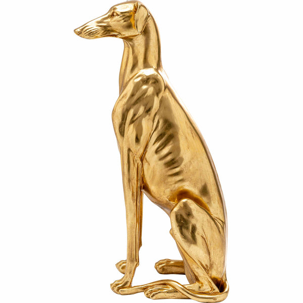 Eine goldfarbene Skulptur eines sitzenden Windhundes, Greyhound. Die Türwächter Windhund strahlt Eleganz und Anmut aus, während sie ruhig und aufmerksam auf ihrem Sitzplatz sitzt. Die goldene Farbe verleiht der Greyhound Skulptur einen Hauch von Glamour. Eine kunstvolle Darstellung eines Windhunds, die jedem Raum Schönheit verleiht.