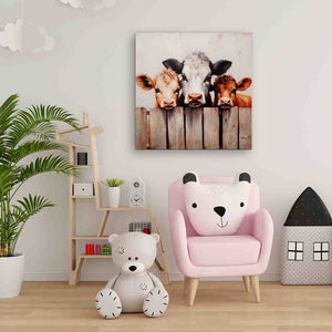 In einem Kinderzimmer schauen von einem lustigen Bild drei kleine Kälbchen mit großen Kulleraugen.